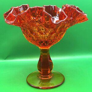 Fenton Amberina Ruffled Crimped Thumbprint Pedestal Candy Dish Compote VTG MCM